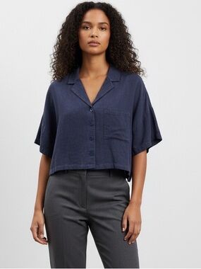 NEW DKNY Navy Linen/Rayon Cropped Button-Front Top